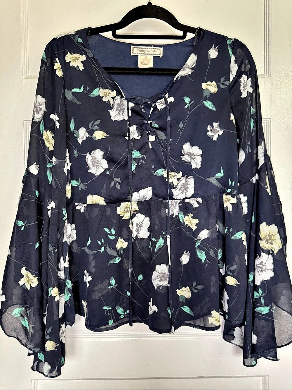 Flying Tomato Floral Blouse Navy & White V-Neck Lace-up Sheer Bell Sleeve Boho M